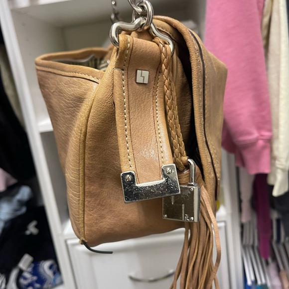 L.A.M.B. Brown Tan Leather Tassel Chain Strap Hobo Shoulder Bag Purse - Picture 8 of 9